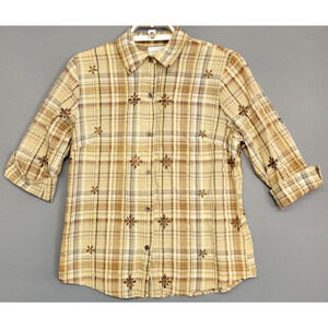 Kim Roger Button Front Top Womens S Brown Plaid Embroidered Floral Cottagecore